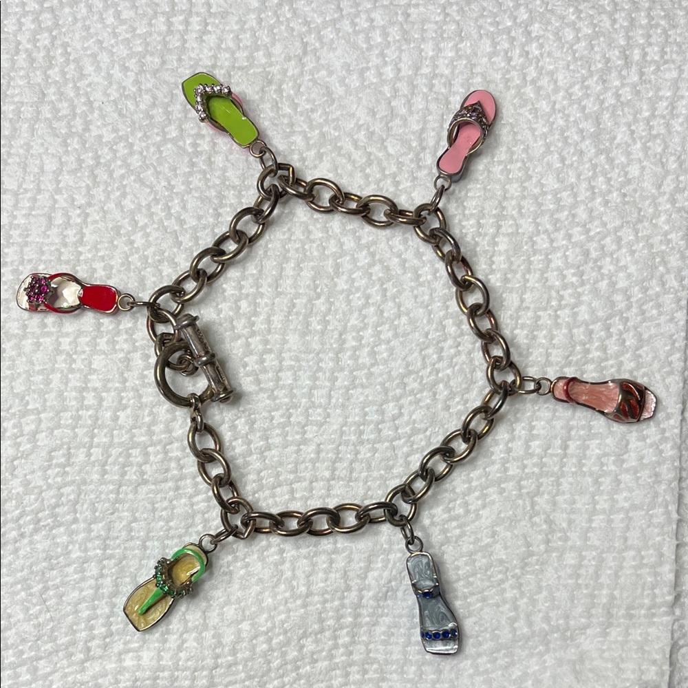 Colorful Three Tone Enamel and 925 Flip-Flop Charm Bracelet w/Genuine Crystals